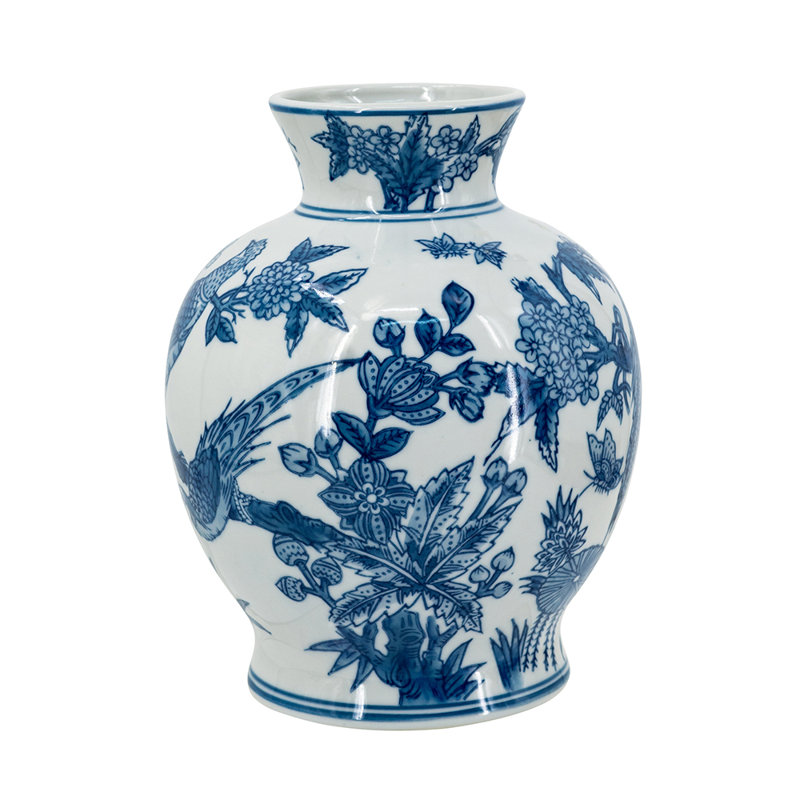 D6.5X8.5" Blue And White Porcelain Pedestal Vase With Nature-Inspired Motifs