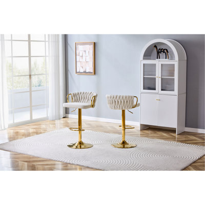 Ensemble de 2 tabourets de bar en velours tressé de luxe moderne avec hauteur réglable, base en métal doré et dossier en corde tissée, chaise de bar pivotante rembourrée pour îlot de cuisine ou bar-beige