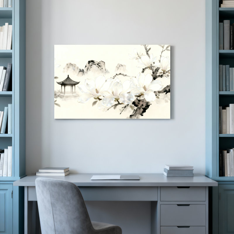 Ensemble de 1 tableau à l'encre de Chine représentant une fleur de magnolia et une pagode, imprimé sur toile tendue.