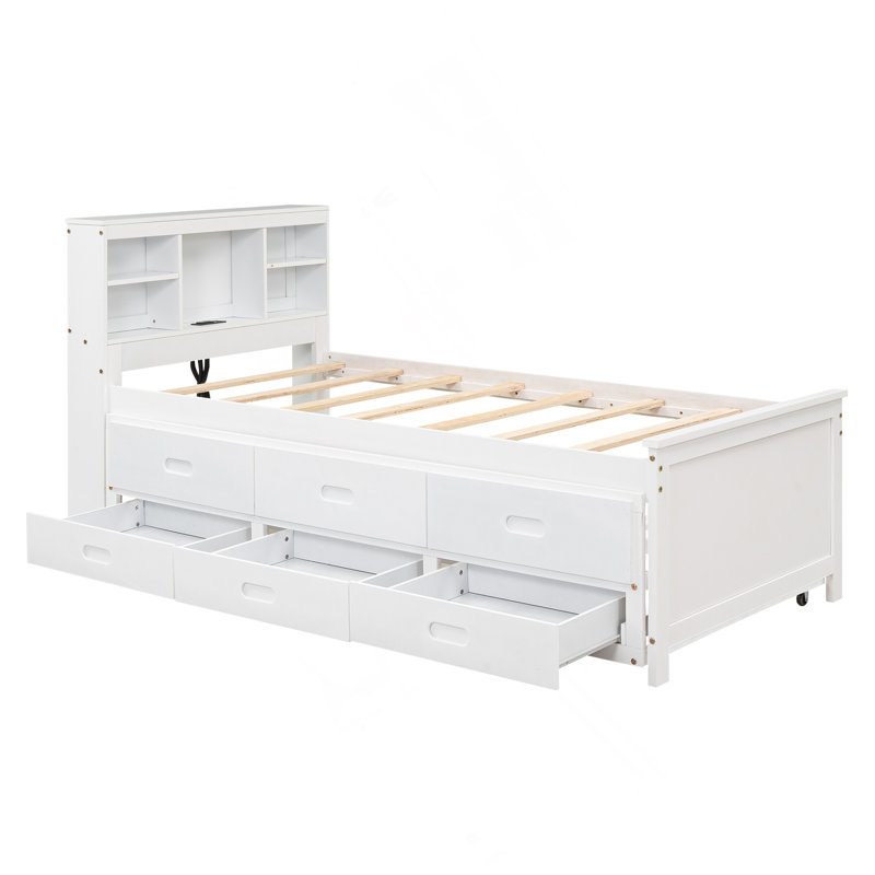 Lit plateforme simple avec tête de lit, USB, lit gigogne simple et 3 tiroirs, blanc