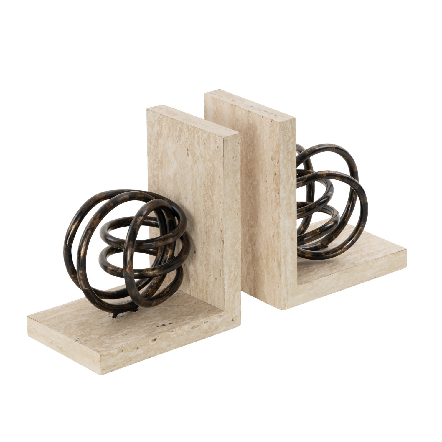 Wooden Bookends with Black Metal Coiled Sculptures
