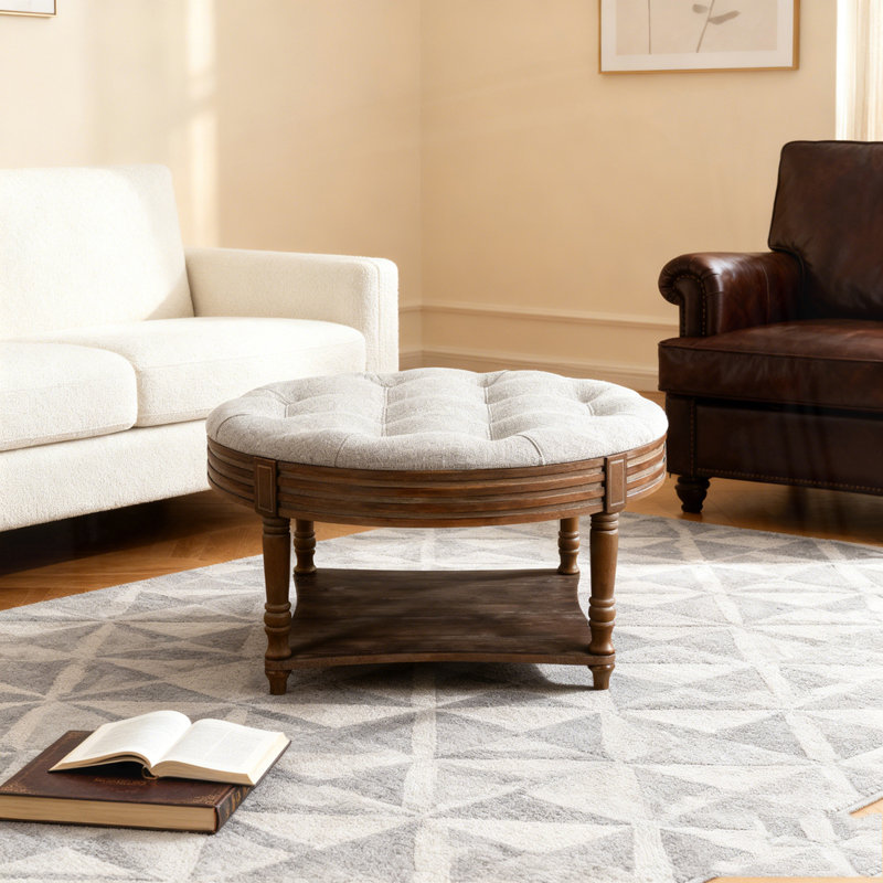 Large Round WaterProof Ottoman Coffee Table, Light Gray Top/Walnut Base