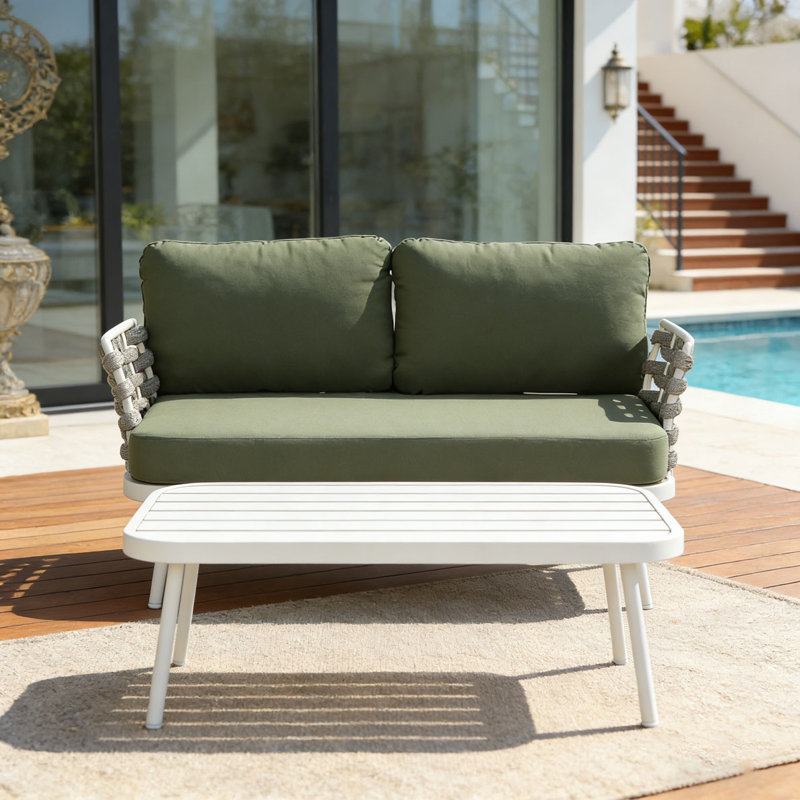 Causeuse et table en acier, Vert, blanc cassé