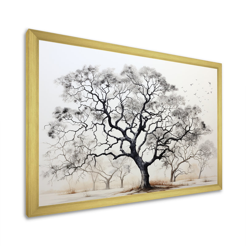 Minimalisme, arbres en chêne noir et blanc III sur toile, Cadre photo doré simple, H 24 po x l 32 po x P 1 po