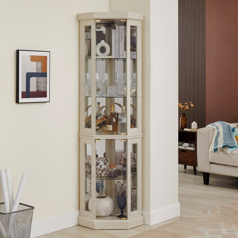 Armoire de coin, antique, verre, vitrine pour le salon, objets de collection, rangement pour le vin et le bar, Blanc