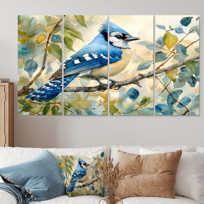 Geai bleu perché sur une branche II - oiseau, art mural - ensemble de décorations murales modernes, H 32 po x l 64 po