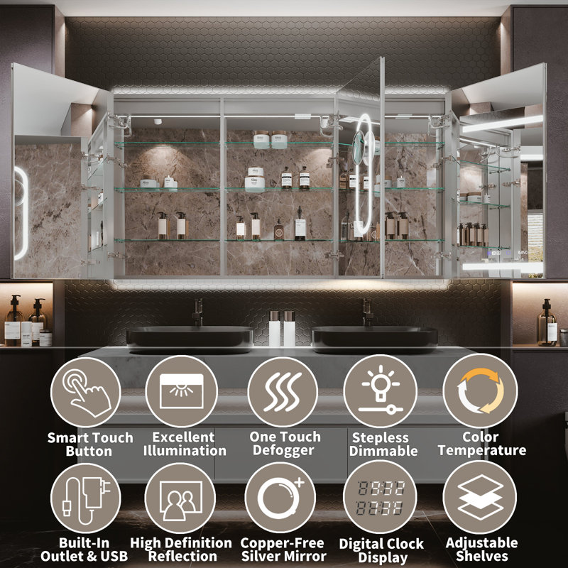 Elevs LED Lighted Inset Mirrored Medicine Cabinet with Magnifiers Front and Back Light, 36" H x 72" W x 5.3" D