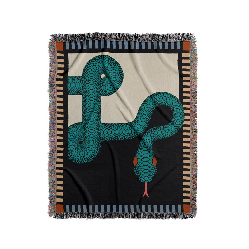 Jeté en mélange de coton Sami Snake, L 80 po x l 60 po, Sarcelle / Noir