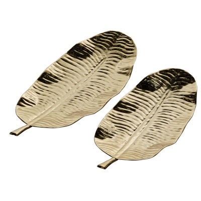 Petit présentoir en forme de feuille et plateaux de service en acier au fini or métallique, ensemble de 2: 26 po x 11 po