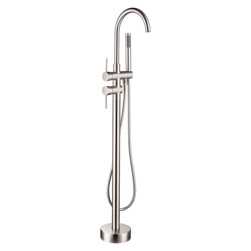Topcraft Double Handle Floor Mounted Freestanding Tub Faucet with Handheld Shower, Brushed Nickel