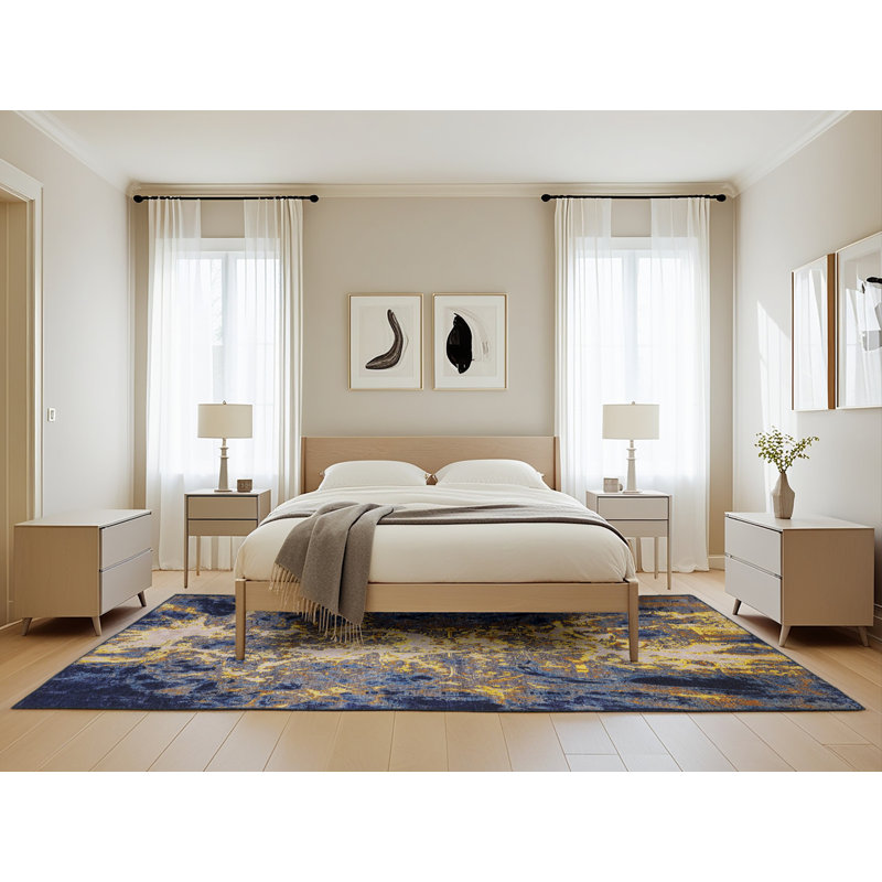 Tapis abstrait bleu / jaune Iron Acton, Rectangle 5 pi x 8 pi