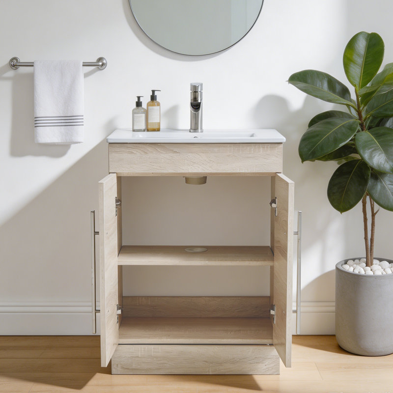 24'' Modern Free-Standing 2-Doors Single Bathroom Vanity With Ceramic Top, White, Brushed Nickel