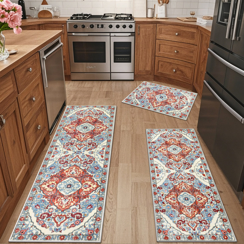 Machine Washable Non-Slip Kitchen Mat, Red/Blue