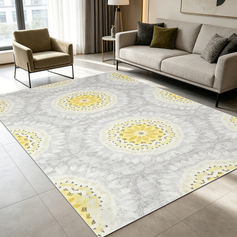 1PC Vintage Distressed Yellow and Grey Medallion area rugs for Living Room, Soft, All seasons, Easy-maintain, Washable Indoor mat, Farmhouse suitable for Dining Table, Bedroom, Entryway, Kitchen, Home Office, Patio, Home Decor, Outdoor Decor.