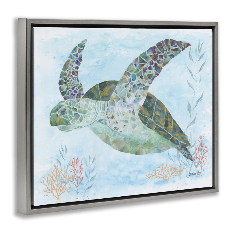«Mosaic Tortoise Underwater», art mural encadré flottant noir par Jennifer Peck, H 17 po x l 21 po