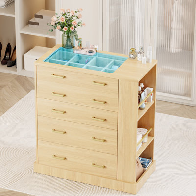  Commode 30,71W avec commode et garde-robe, commode moderne à 5 tiroirs avec lumière DEL, plateau en verre trempé, rangement ouvert et rangement pour bijoux pour îlot de chambre et garde-robe, naturel