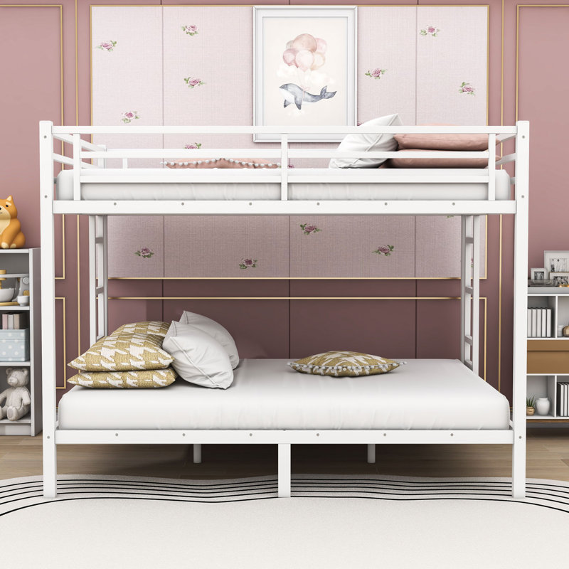 Queen Over Queen Metal Bunk Bed With Ladder And Guardrails