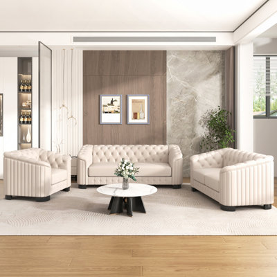 Ensemble de canapés modernes 3 pièces avec pieds en bois d'hévéa, ensembles de fauteuils rembourrés en velours comprenant un canapé à trois places, une causeuse et une chaise simple pour le salon