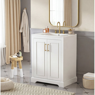 Meuble-lavabo de 61 cm avec lavabo, armoire en MDF blanc avec cadre en bois massif, portes à fermeture amortie, tiroir compartimenté et double tablette de rangement