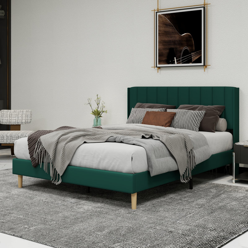 Lit plateforme tapissier avec tête de lit, Grand, Vert