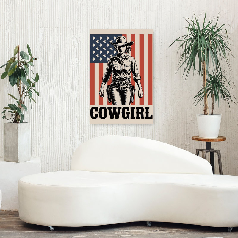 «Cowgirl», drapeau américain, rétro, paysage rétro, art mural, 36" H x 24" W