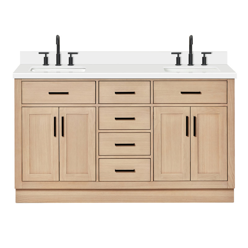 Tidworth Solid Wood Double Bathroom Vanity with 1.5'' White Quartz Top, Natural Oak / Matte Black, Rectangular
