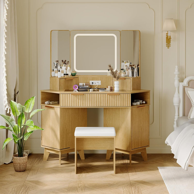 Corner Vanity Makeup Desk with Glass Top & LED Mirror, Natural Wood Fluted Design with Stool, Beige