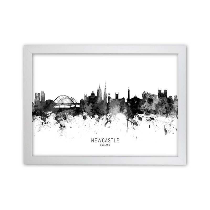 Newcastle England Skyline Black White City Name by Michael Tompsett - Print, 25cm H x 34cm W x 3cm D, White Framed