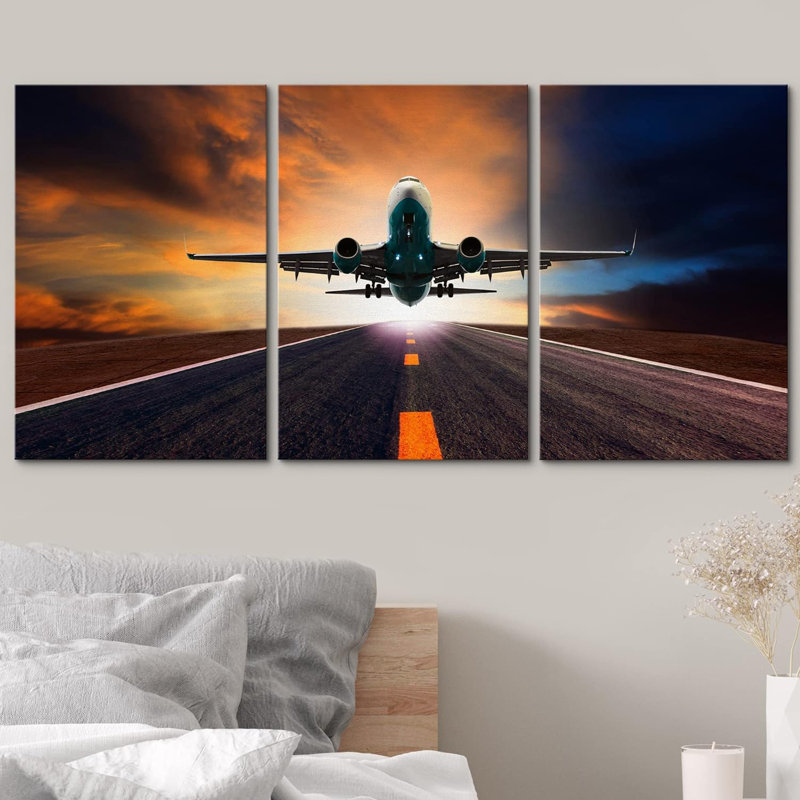 Industrial Machinery " Jet Plane Flying Over Runway At Sunset " 3 - Pieces, 36" H x 72" W x 1.5" D