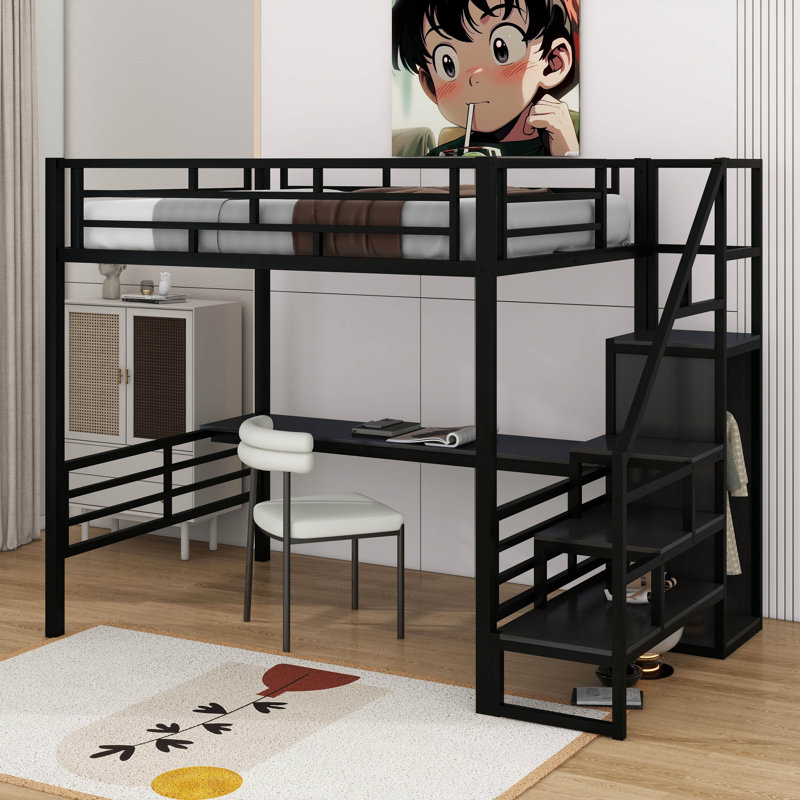 Lit mezzanine double en métal avec bureau, escalier et garde-robe, Noir, noir, noir, noir