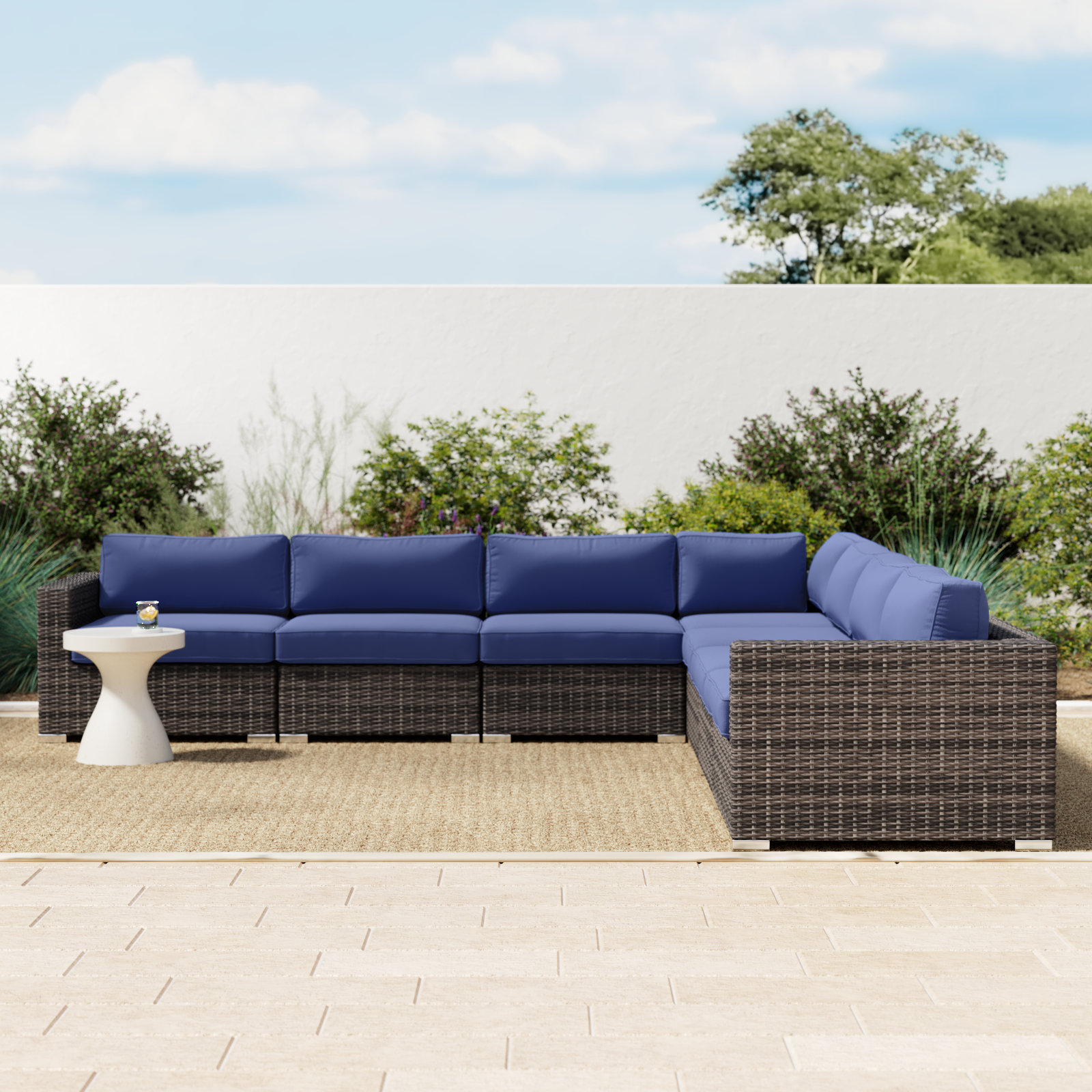 Foxtrot 122" Sunbrella® Patio Sofa, Sunbrella Navy Blue Cushion/Brown Frame