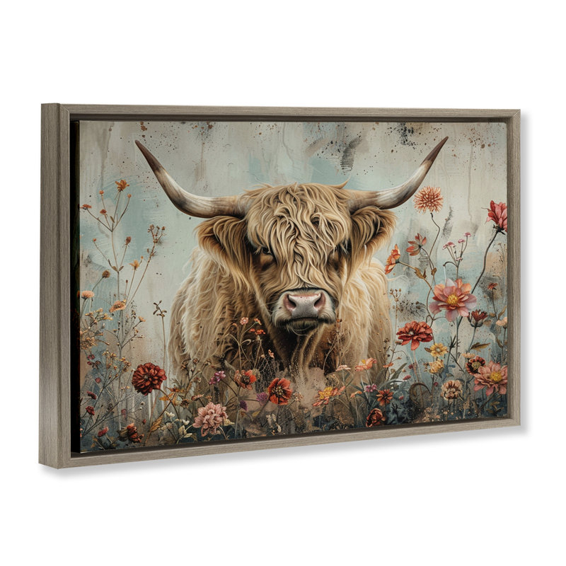  Toile flottante encadrée Spring Blooms Highland Cow par LSR Design Studio, H 21 po x l 31 po, Cadre flottant orme Montalcino