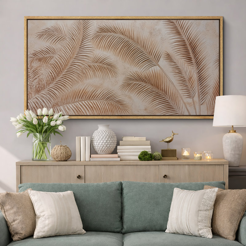 «Neutral Tropical Palm Leaf Botanical», impression sur toile encadrée, H 30 po x l 60 po, Naturel