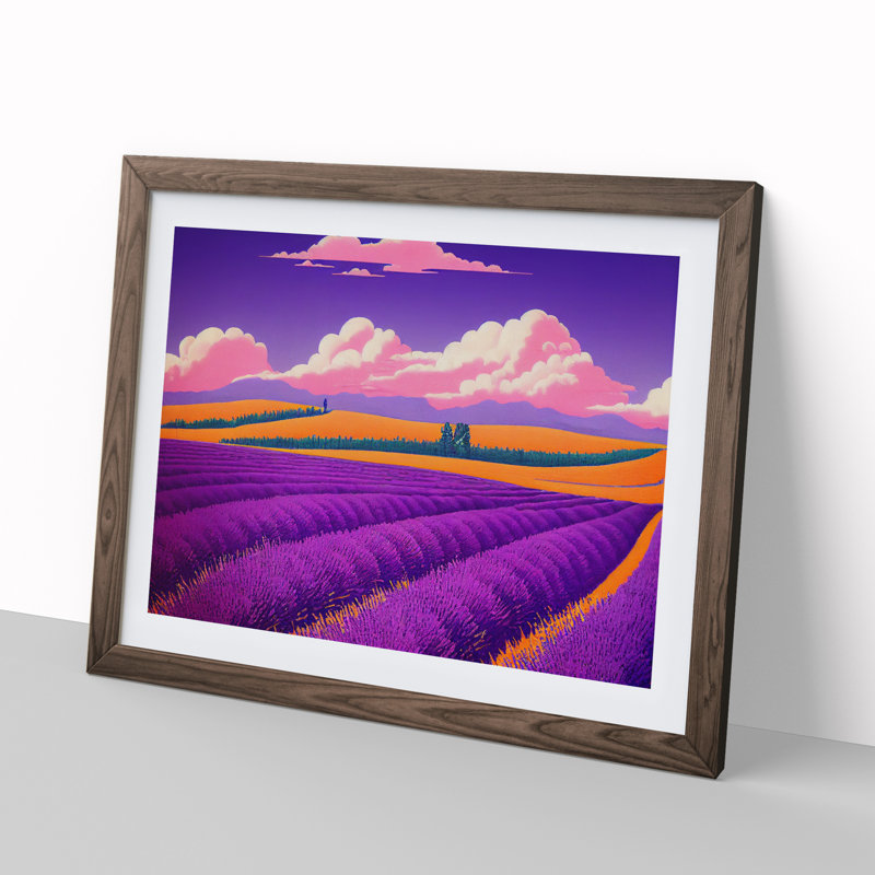 Ingenious Lavender Flower Field - Single Picture Frame Print, 46cm H x 64cm W x 2cm D, Walnut