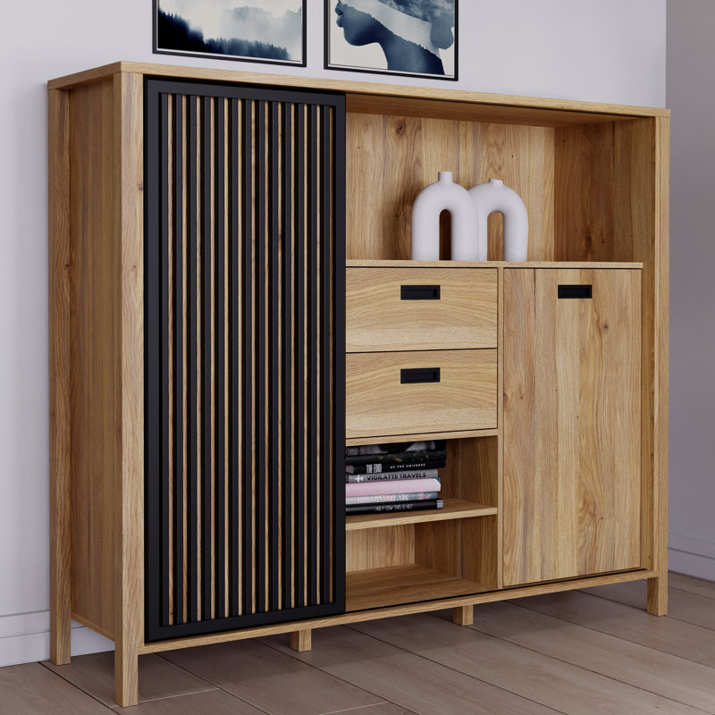 Sliding Door Cabinet with Compartments and Drawers, 149,9 cm W x 129,9 cm H x 40,2 cm D