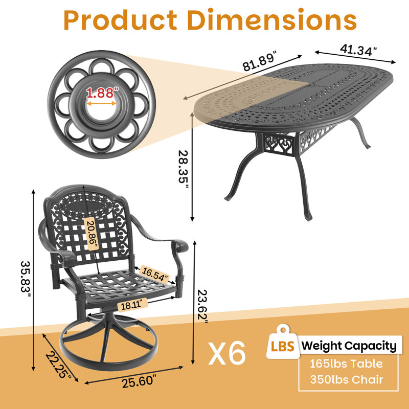 Ensemble de salle à manger ovale de patio 7 pièces de 81,89 po L avec trou pour parasol, 6 chaises pivotantes avec coussins bleus