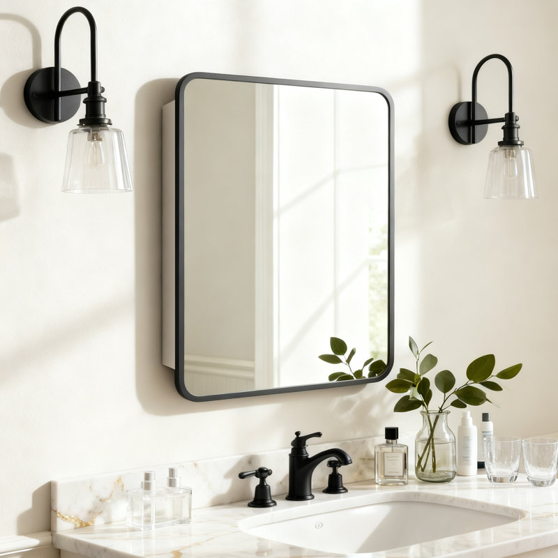 Aluminum Medicine Cabinet with Mirror, 28" H x 22" W x 3.8" D, Black