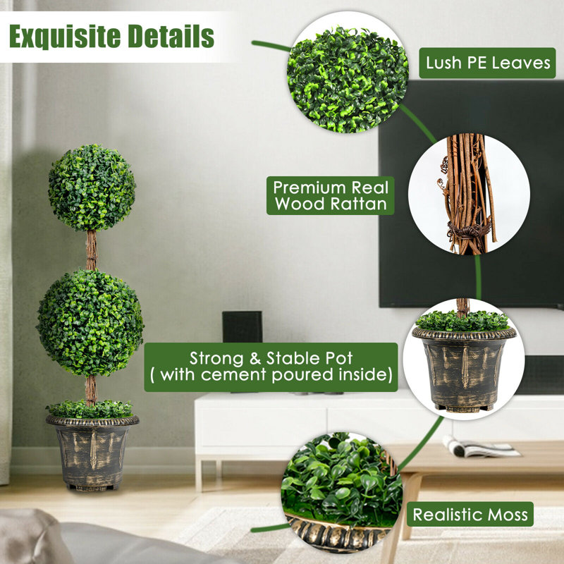 36'' Green Plastic Double Ball Topiary in Cement Pot
