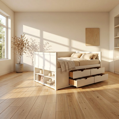Lit de jour simple en bois de pin massif avec 2 tiroirs et 3 tablettes de rangement L 42,4 po x P 77,8 po x H 34,3 po Lucky Furniture