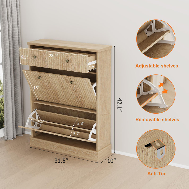 Wooden 42" Tall Fluted Narrow Shoe Storage Cabinet with 2 Flip Drawers & Top Drawer, Curved Profile Design Shoe Organizer for Entryway & Hallway,Wood Color