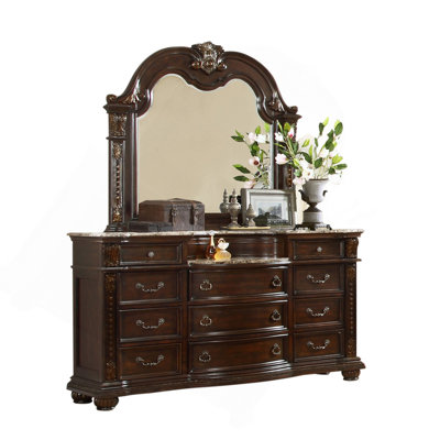Commode 11 tiroirs de style traditionnel avec poignées en métal en bois de noyer foncé