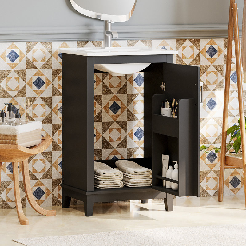 Meuble-lavabo moderne avec lavabo en céramique et grand rangement, Noir, noir, noir, noir