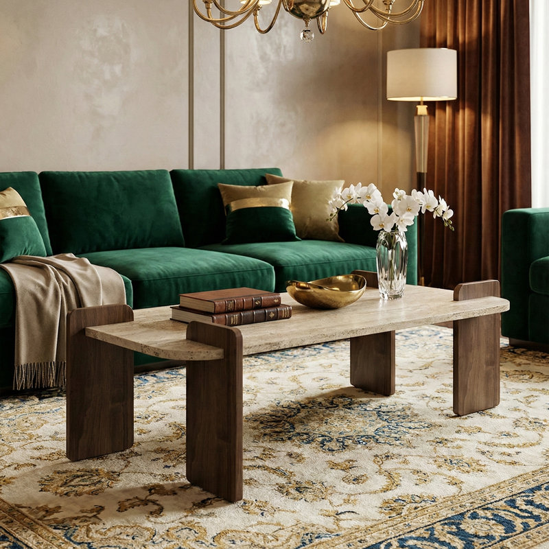 Modern Coffee Table, Travertine & Walnut Finish, 120 x 35 x 60 cm, 100% Melamine Coated Chipboard, Sleek Design, Easy Assembly, For Living Room & Contemporary Spaces