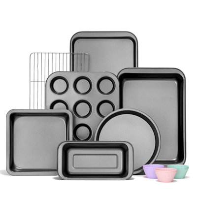 Ensembles de moules à pâtisserie, ensemble de plats de cuisson antiadhésifs 7 pièces avec moule à gâteau rond / carré, moule à pain, moule à muffins, plaque à biscuits, plaque à rôtir, grille de refroidissement et mitaines de four en silicone,
