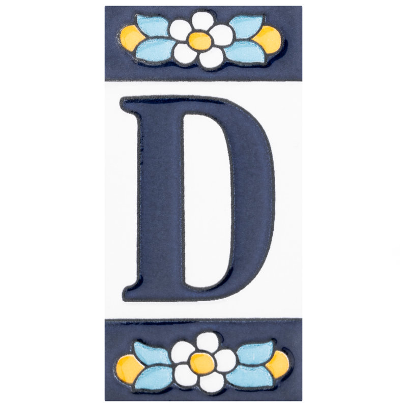 Sevillano 2.13" x 4.38" Ceramic Floral Address Letter Wall Tile in White/Blue