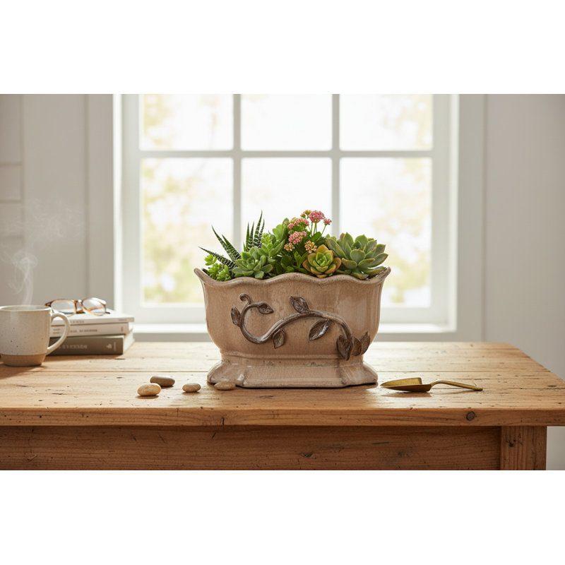 Cream Ceramic Planter With Scalloped Rim