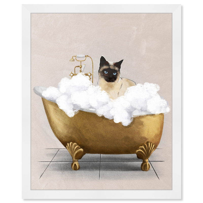 Bath Bath Cat - peinture encadrée, Cadre blanc, H 26 po x l 26 po
