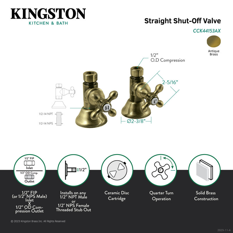Kingston Brass Trimscape 1/2-Inch FIP x 1/2-Inch OD Comp Quarter-Turn Straight Stop Valve, Antique Brass