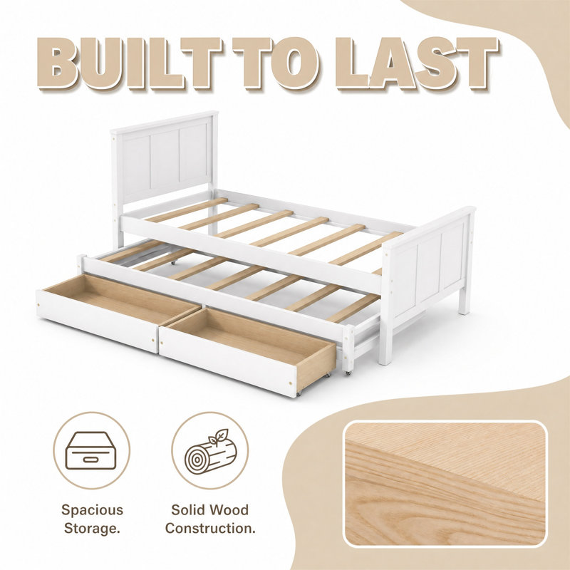 Lit plateforme simple, cadre de lit (aucun sommier requis), avec tiroirs sous le lit et lit escamotable, finition blanche