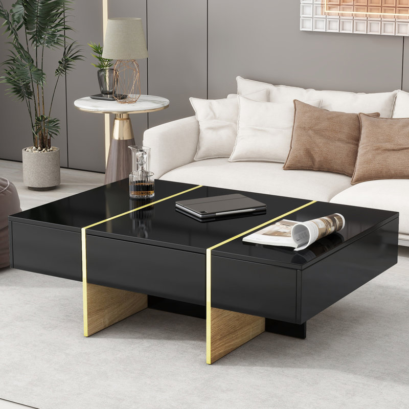 Table basse 47,2 "x 31,4" noire avec 2 tiroirs, surface brillante, pieds dorés, plateau de salon moderne 47,2 "31,4" et accessoire décoratif